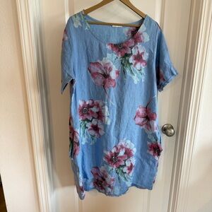 Made in Italy Linen Dress sz Large Blue Floral Lagenlook Spring Summer Beach